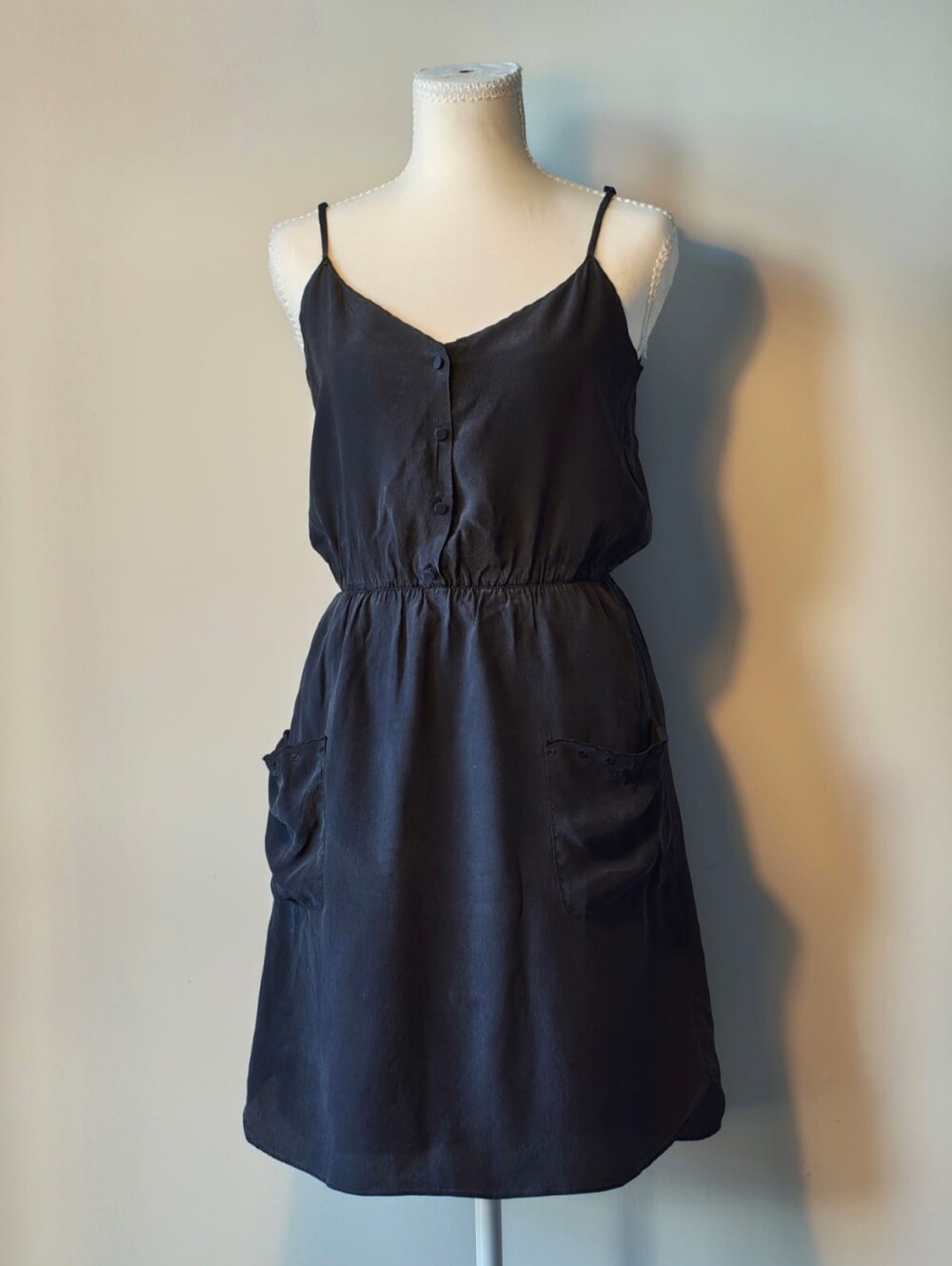 Babaton 100% Silk Sleeveless Black Button-Front Spaghetti Strap Dress
